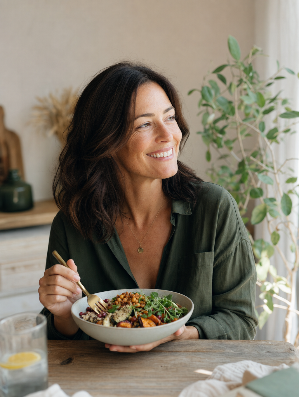Femme souriante avec une assiette saine dans une cuisine lumineuse.