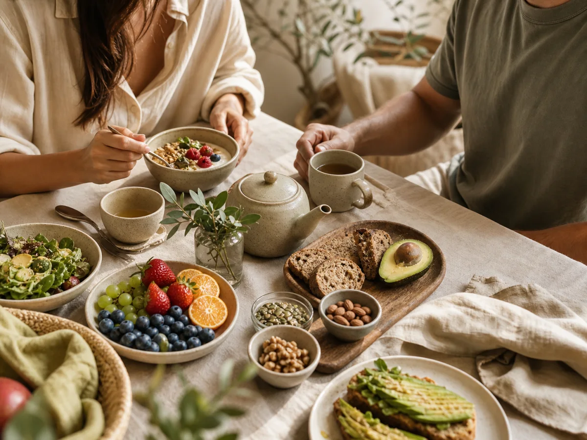 Bright nutrition table with a notebook and balanced meal.